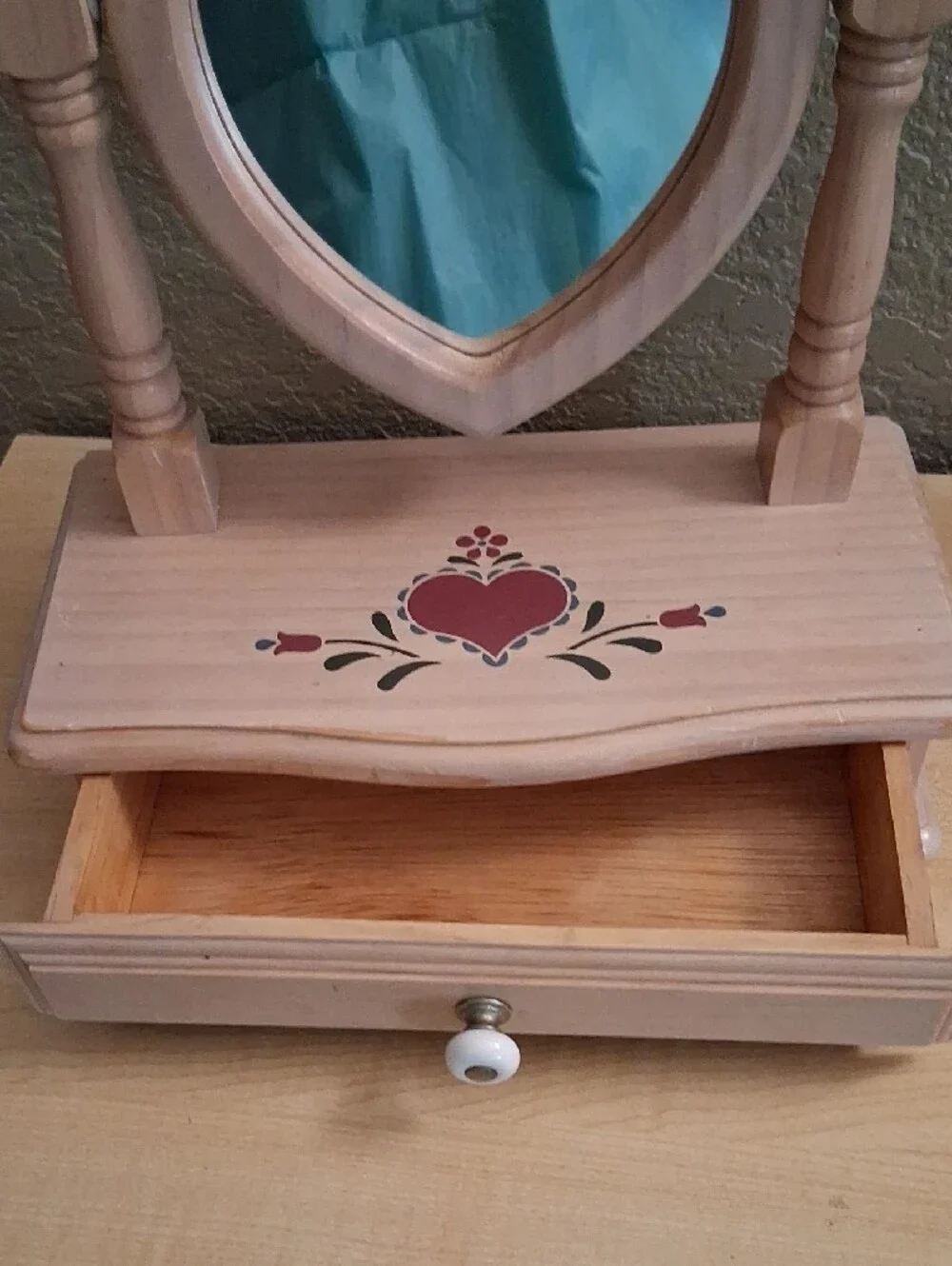 Vintage Natural Wood Heart Mirror Jewelry Box with Red Accent